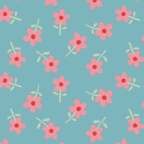 Pretty Pink Flowers on Blue - 3/4 inch