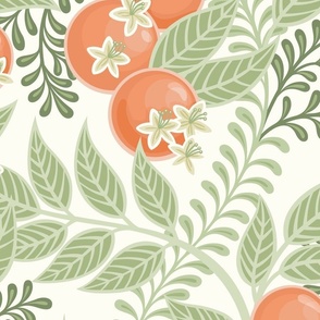 Orange Grove- Orange Orchard- Citrus Tree- Oranges- Tropical Fruit- Soft Orange and Green- Botanical Wallpaper Large