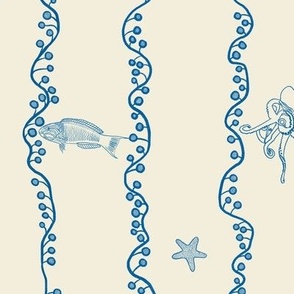 Cobalt blue hand drawn fish, sea shells, octopus, sea turtle and star fish