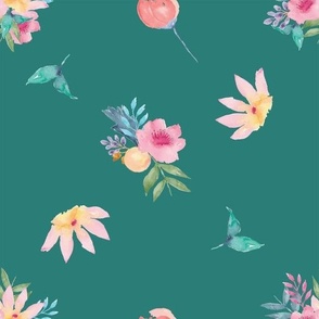 Watercolor Spring  Floral Botanical with Teal Background