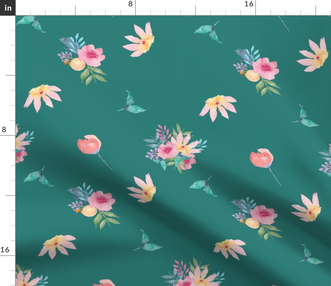 Watercolor Spring  Floral Botanical with Teal Background
