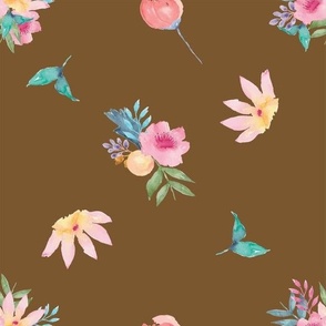Watercolor Spring  Floral Botanical with Brown Background