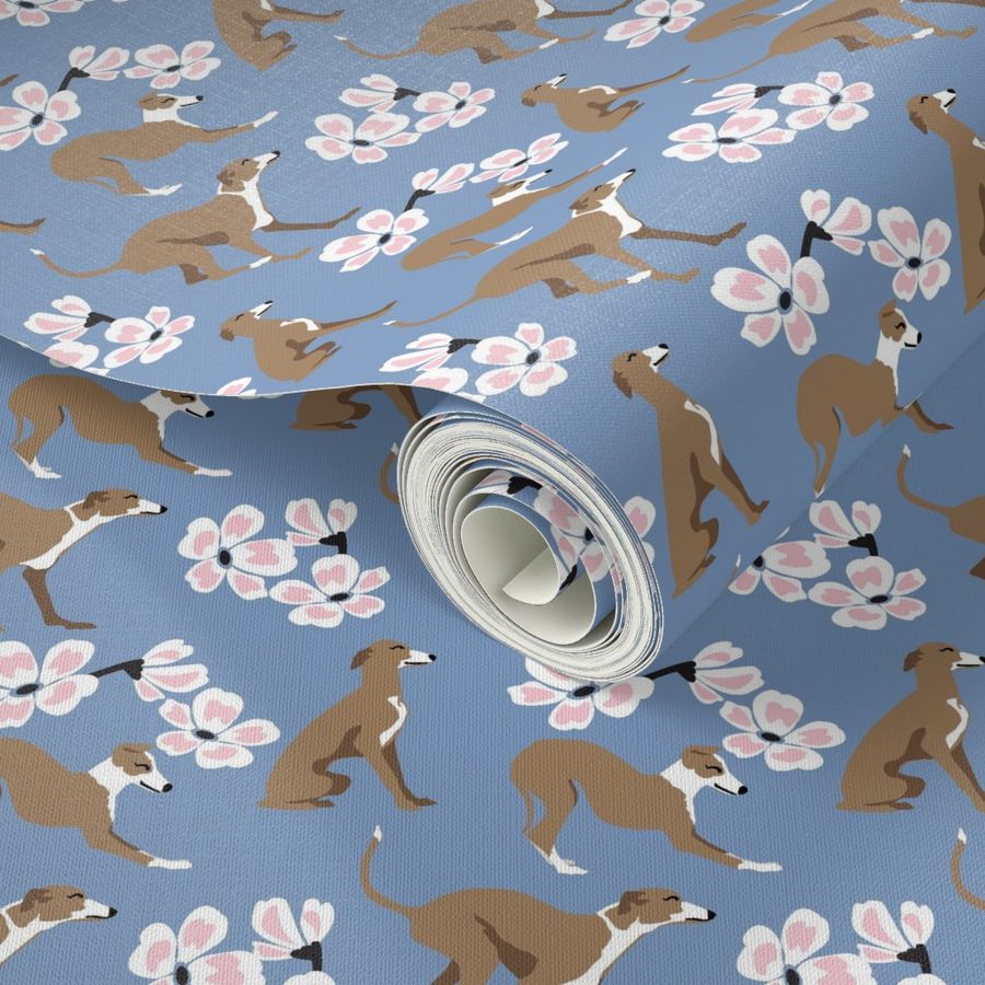 small print // Greyhound dogs and cherry blossoms pink blue floral flowers dog fabric