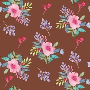 Watercolor Spring Bouquet Floral Botanical with Brown Background
