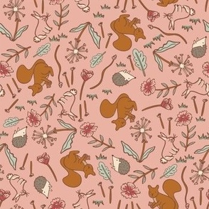 All Direction Earth Tone Hand Drawn Forest Animal with Pink Background