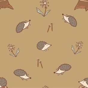 Earth Tone Hand Drawn Hedgehog and Dandelion with Caramel Brown Background