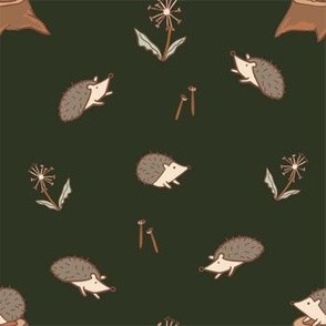 Earth Tone Hand Drawn Hedgehog and Dandelion with Dark Olive Background