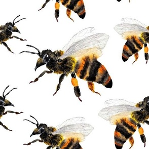 Seamless pattern with bees drawn in watercolor on paper by hand