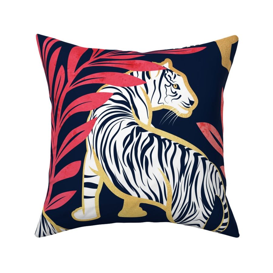 Large jumbo scale // Nouveau white tigers // navy blue background red leaves golden lines white animals