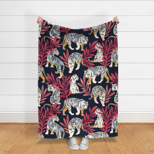 Large jumbo scale // Nouveau white tigers // navy blue background red leaves golden lines white animals