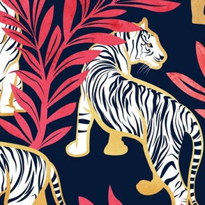 Large jumbo scale // Nouveau white tigers // navy blue background red leaves golden lines white animals