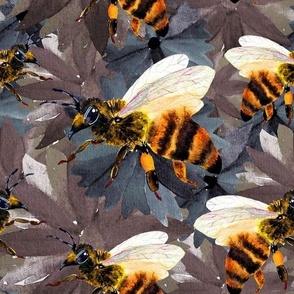 Seamless pattern with bees and flowers drawn in watercolors on paper by hand 1