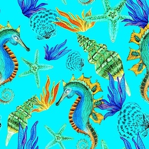 Seamless pattern with colorful sea inhabitants, hand-drawn with colored pencils on paper 2