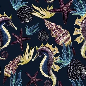 Seamless pattern with colorful sea inhabitants, hand-drawn with colored pencils on paper 1