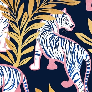 Large jumbo scale // Nouveau white tigers // navy blue background metal peony pink lines white animals gold leaves