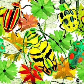 Seamless pattern with colorful beetles, insects and flowers, hand drawn in watercolor on paper