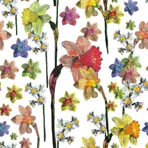 Seamless pattern with multi-colored daffodils, hand-drawn with colored pencils on paper 3