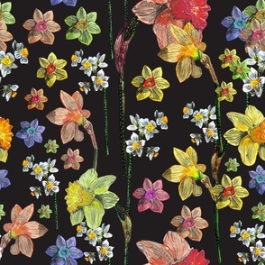  Seamless pattern with multi-colored daffodils, hand-drawn with colored pencils on paper 2