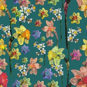 Seamless pattern with multi-colored daffodils, hand-drawn with colored pencils on paper 1