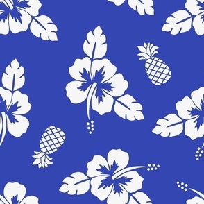 Hibiscus and pineapple electric blue and white - small scale