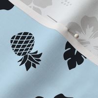 Hibiscus and pineapple light blue and black - small scale