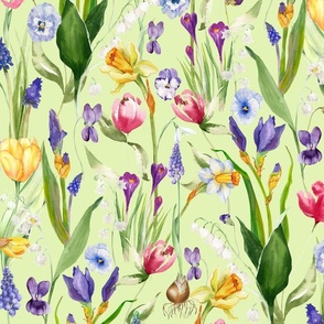  21" A beautiful springflower garden with daffodils, tulips, violets, pansies, bulbs and Iris on white background- nostalgic Wildflowers and Herbs home decor on white double layer,   Baby Girl and nursery fabric perfect for kidsroom wallpaper, kids room, 