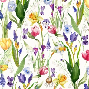 21" A beautiful springflower garden with daffodils, tulips, violets, pansies, bulbs and Iris on white background- nostalgic Wildflowers and Herbs home decor on white double layer,   Baby Girl and nursery fabric perfect for kidsroom wallpaper, kids room