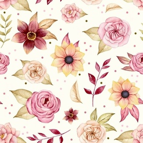 Large Scale Dusty Pink Watercolor Floral on Ivory