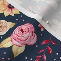 Medium Scale Dusty Pink and Cranberry Floral on Navy
