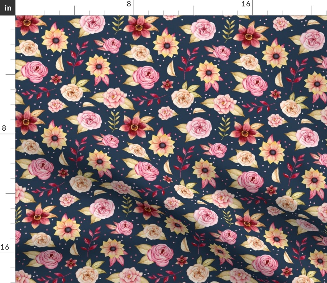 Medium Scale Dusty Pink and Cranberry Floral on Navy