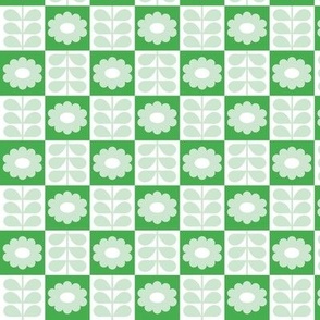 Vintage boho blossom plaid - daisies in retro sixties style on checkerboard leaves and flowers summer garden kelly green mint on white