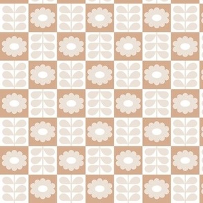 Vintage boho blossom plaid - daisies in retro sixties style on checkerboard leaves and flowers autumn garden beige neutral beige sand tan