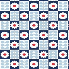 Vintage boho blossom plaid - daisies in retro sixties style on checkerboard leaves and flowers 4th of july usa patriot palette