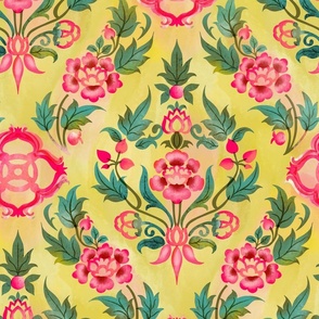 floral vintage damask brimstone yellow pink //