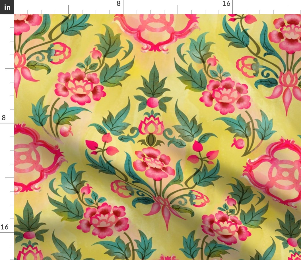 floral vintage damask brimstone yellow pink //