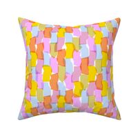 Overlapping disco confetti abstract shapes in pink, yellow, and orange party fabric 