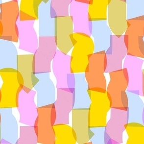 Overlapping disco confetti abstract shapes in pink, yellow, and orange party fabric 