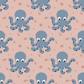 Cute gray octopuses in pink ocean