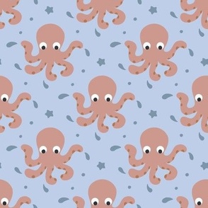 Cute octopuses in light blue ocean