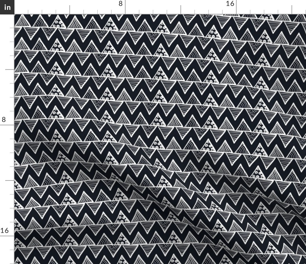 Smaller Scale Tribal Triangle ZigZag Stripes White on Black
