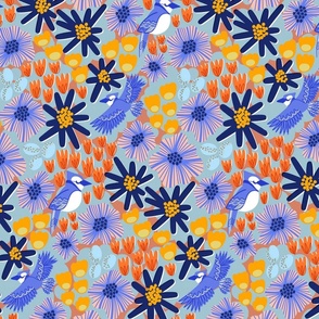 Whimsical Blue Jay Garden: Multi-Color Nature Pattern
