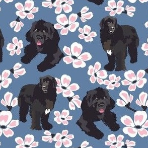 small print // Newfoundland Dog Cherry Blossom pink and blue big black dog fabric