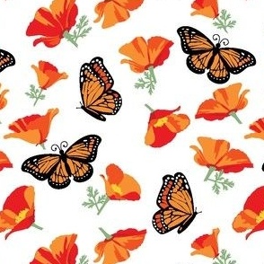 small print // Monarch Butterfly Poppy flowers orange white green floral butterfly fabric