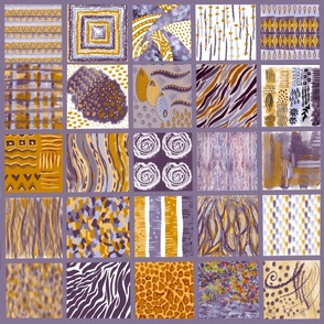 Mark making patchwork collage, handdrawn, purple, lilac, lavender, honeycomb yellow and mustard