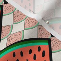 watermelon slices  whimsy geometric with smaller watermelon slices inverted and reduced opacity 12” repeat, orange, bright green, black and coral