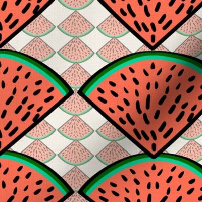 watermelon slices  whimsy geometric with smaller watermelon slices inverted and reduced opacity 12” repeat, orange, bright green, black and coral