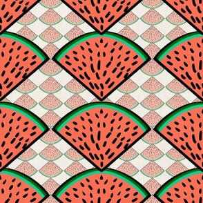 watermelon slices  whimsy geometric with smaller watermelon slices inverted and reduced opacity 12” repeat, orange, bright green, black and coral