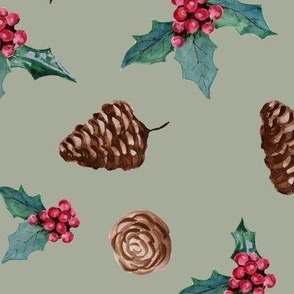 Pine Cones and Holly - Christmas Pattern