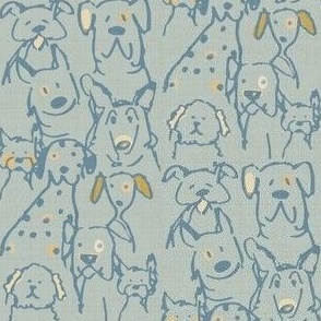 neutral pop doodle dogs, mid century blue, 4in x 8in repeat scale Coordinates with BM Sylvan Mist
