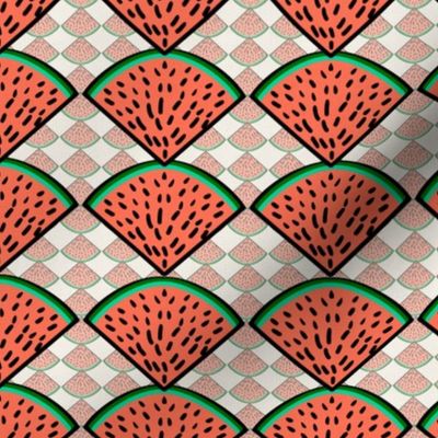 watermelon slices  whimsy geometric with smaller watermelon slices inverted and reduced opacity 6” repeat, orange, bright green, black and coral